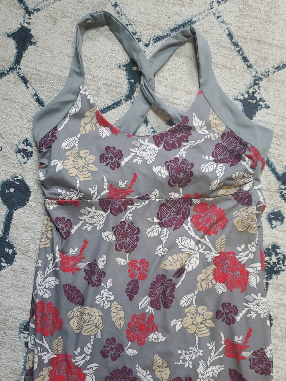 Patagonia Athletic Gray Floral Dress with Red, Purple, Cream Accents